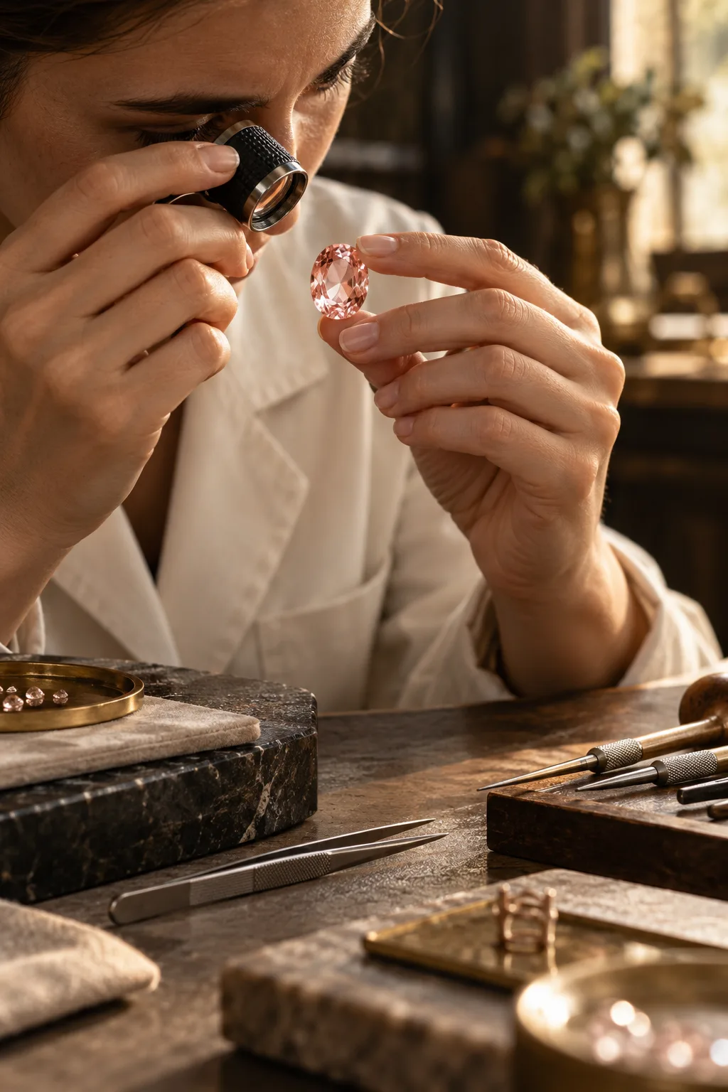 A jeweler examining a gemstone under a loupe