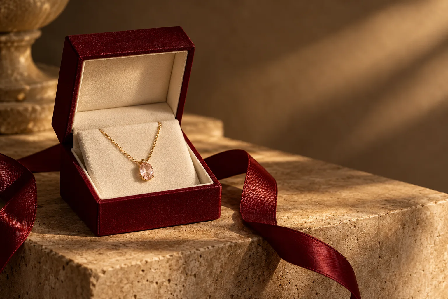 Open jewelry box with a delicate pink gemstone necklace