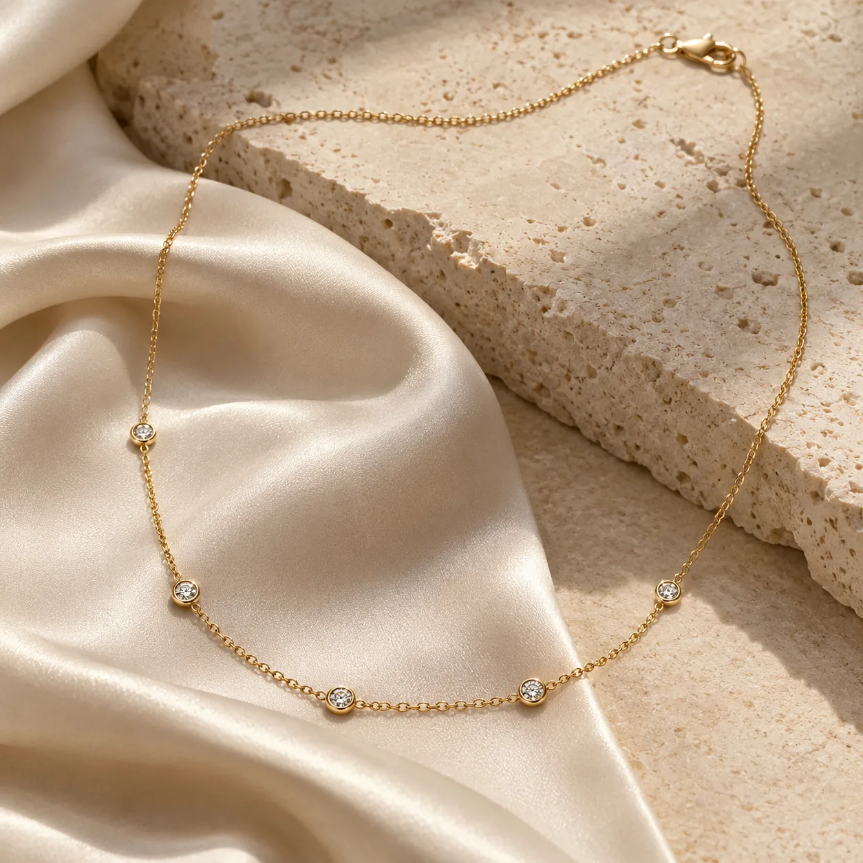 Delicate yellow gold chain with five bezel set diamond stations